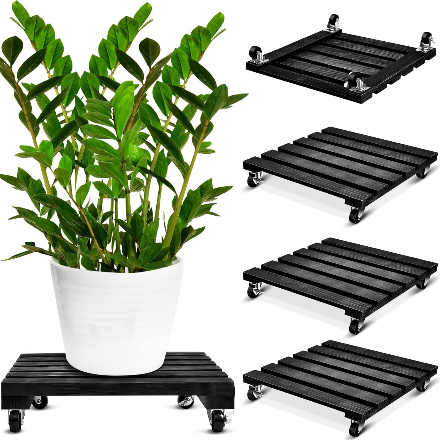 Taiyin Paquete de 4 soportes para plantas de 14 pulgadas con ruedas bloqueables, soporte rodante resistente para plantas de 220 libras, base de