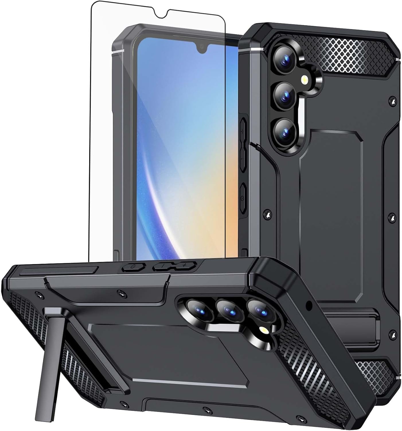 Asuwish Funda de teléfono para Samsung Galaxy A34 5G con protector de pantalla de vidrio templado y soporte delgado y resistente de grado militar
