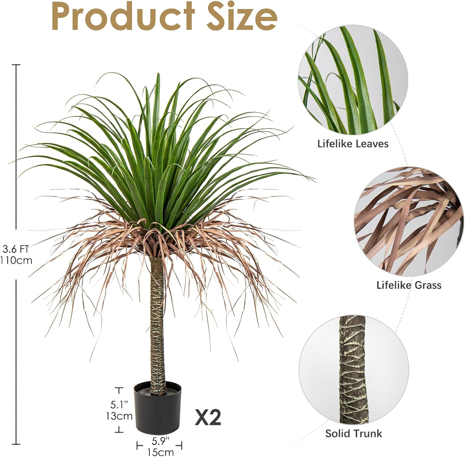 Paquete de 2 árboles artificiales de agave de 3.6 pies, árbol de yuca en maceta para decoración del hogar, oficina, interior y exterior, árbol de