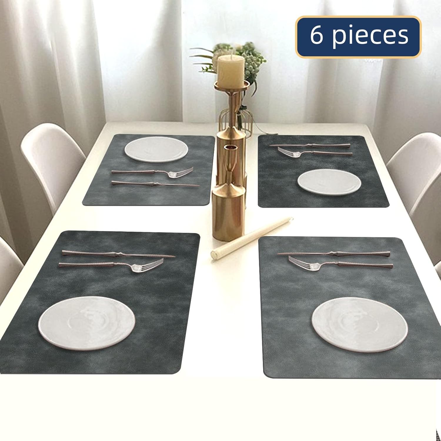 Juego de 6 manteles individuales reversibles de cuero para mesa de comedor, manteles individuales cuadrados, resistentes al calor, lavables (juego