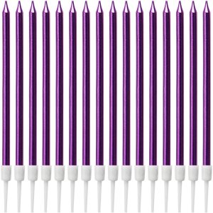 LUTER Velas metálicas de cumpleaños en soportes morados, velas altas para pastel de cumpleaños, velas largas y delgadas para decoración de LUTER Velas metálicas de cumpleaños en soportes morados, velas altas para pastel de cumpleaños, velas largas y delgadas para decoración de