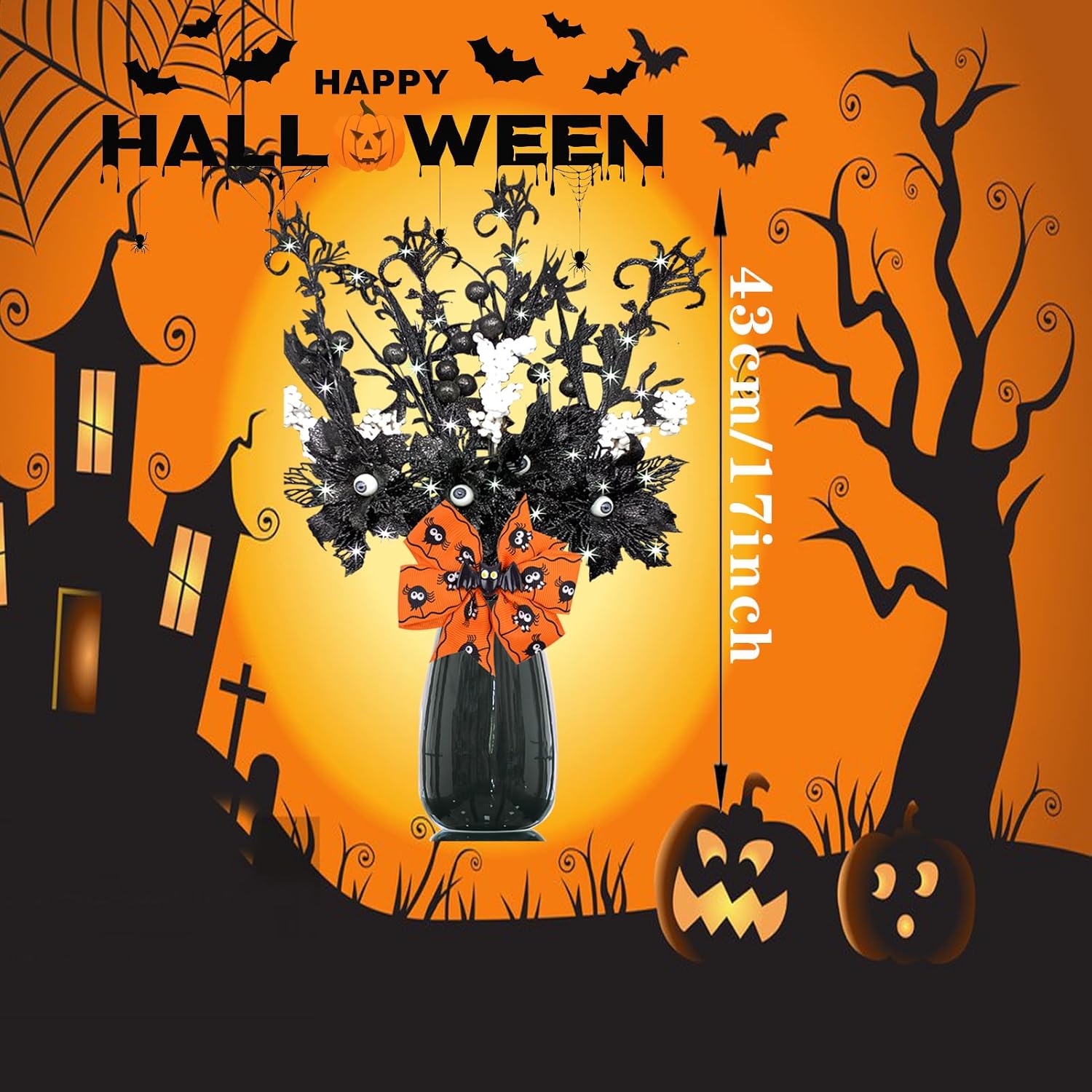 4 piezas de flores artificiales negras con purpurina de Halloween, murciélagos, ojos del diablo, tallos artificiales de ojos encantados, decoración