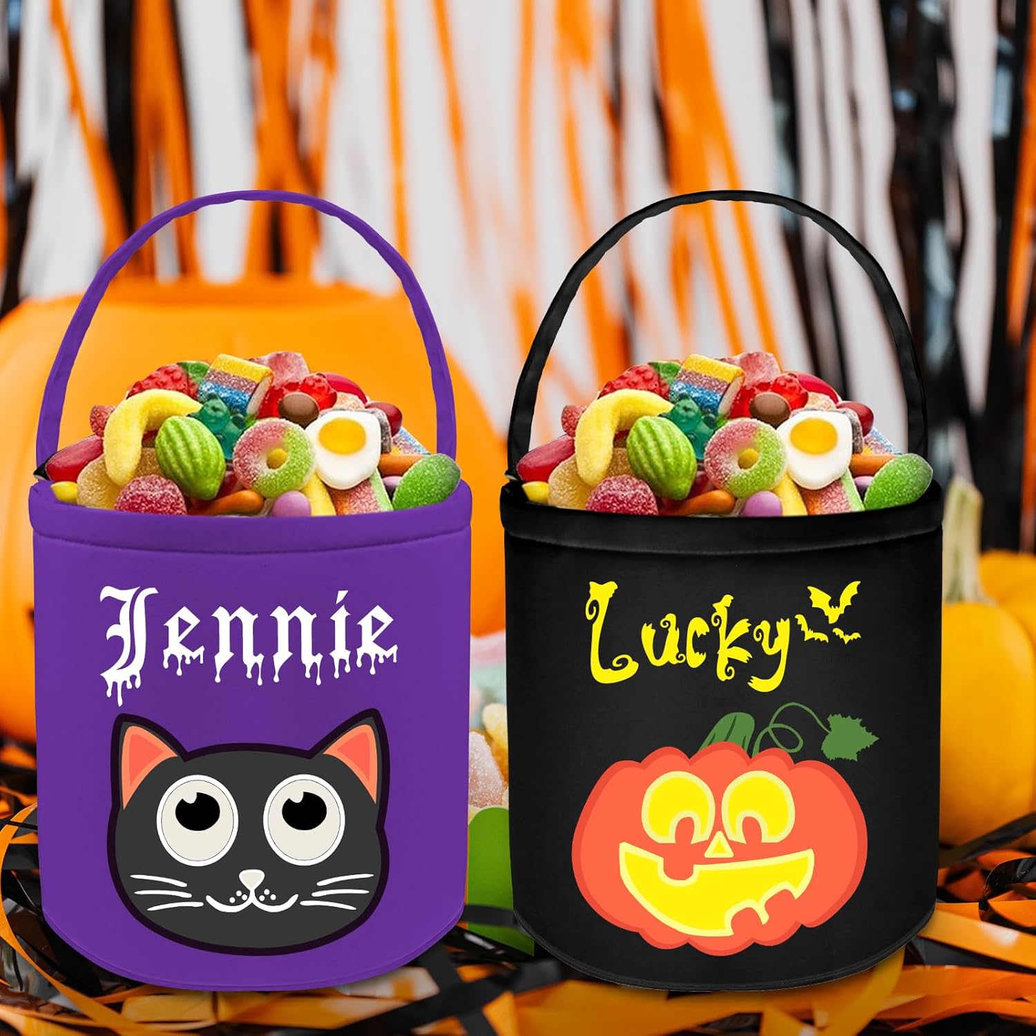Cesta personalizada de Halloween, bolsa de cubo personalizada con nombre personalizado, cesta de lona de calabaza, regalos para niños y niñas