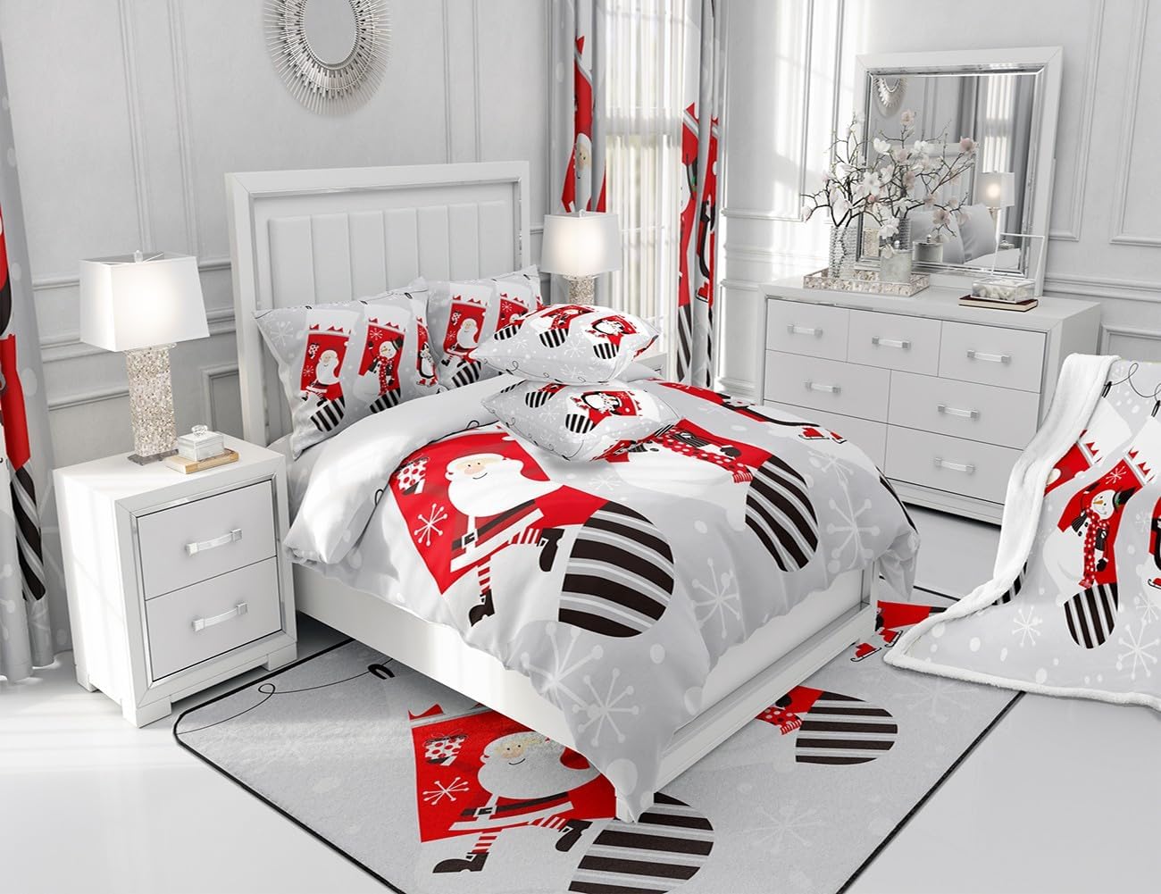 Erosebridal Juego de edredón de calcetines de Navidad para niños, juego de edredón de Papá Noel, ropa de cama de Navidad, muñeco de nieve, pingüino,