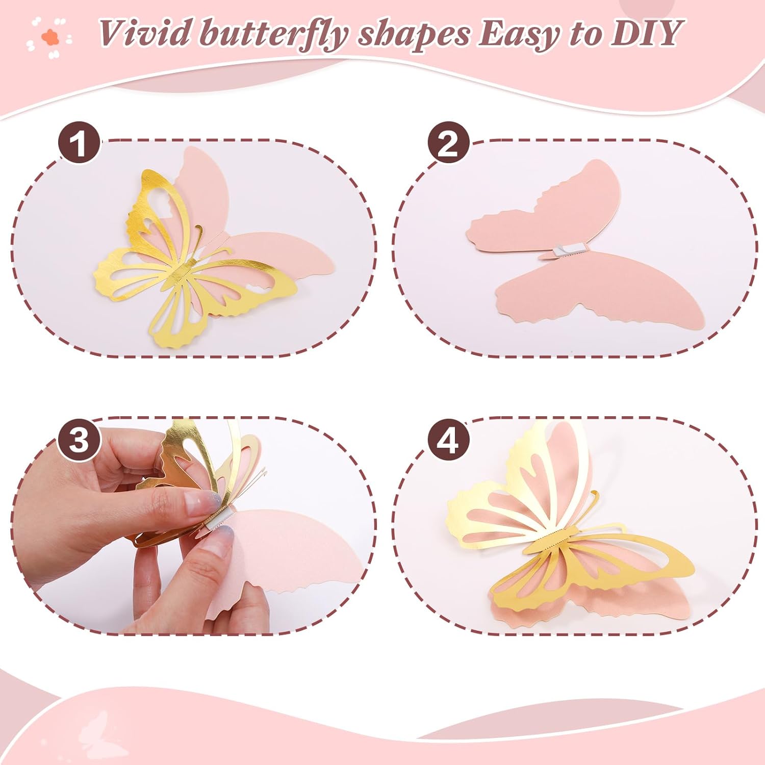 24 decoraciones de mariposa dorada 3D de mariposa grande de 2 capas, decoración de pared de mariposa de 5 tamaños diferentes, mariposa de papel rosa