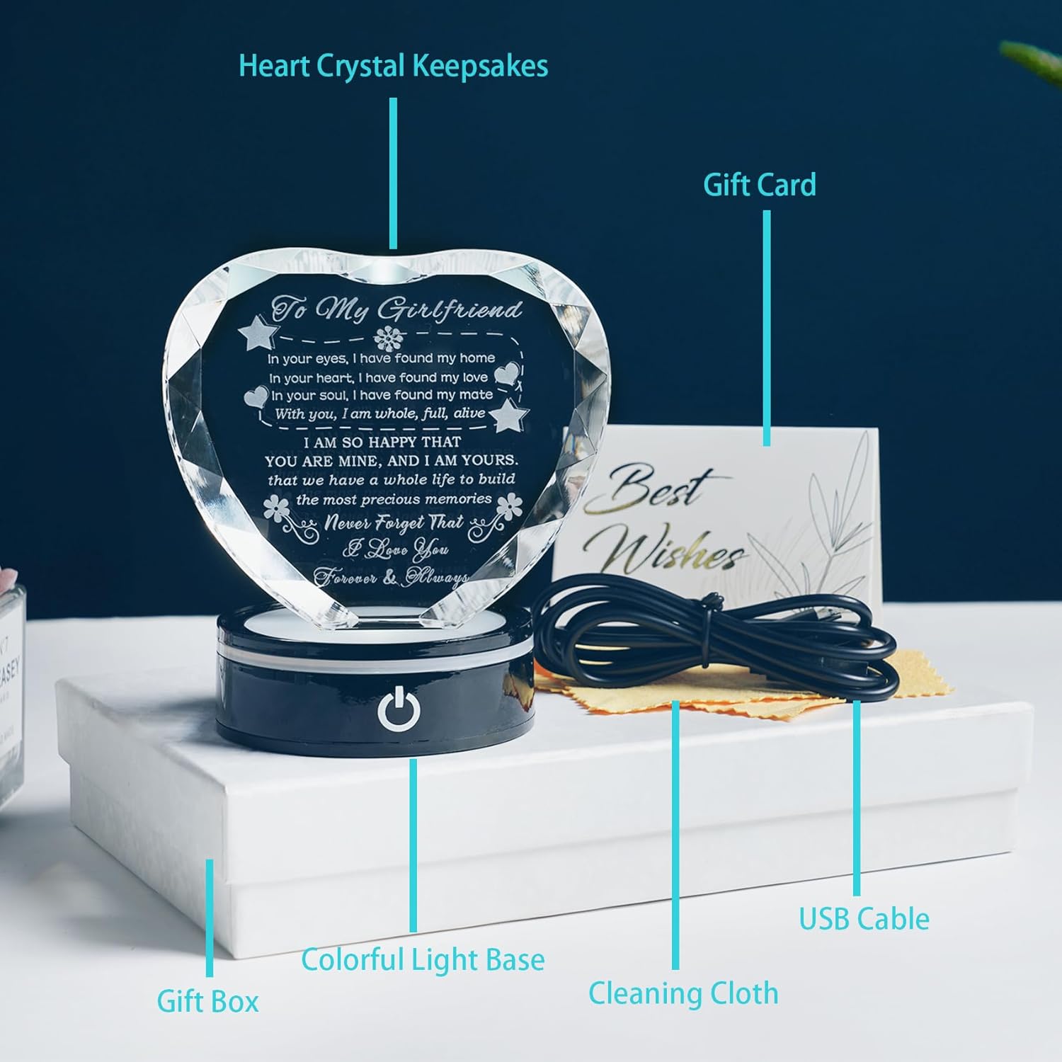 YWHL Regalos para novia, romántico para mi novia, recuerdo de corazón de cristal con base LED colorida para novia, regalos de cumpleaños,