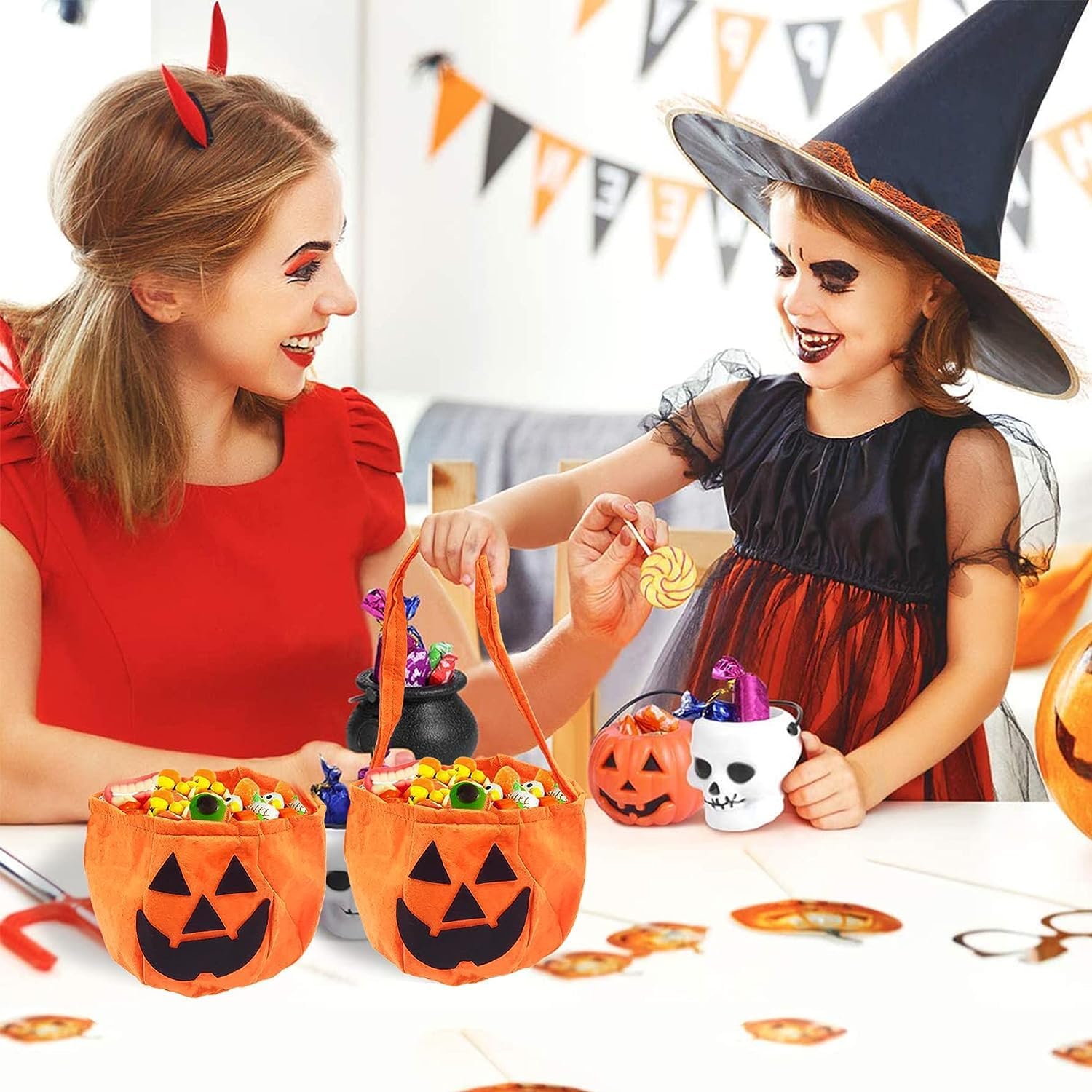2 bolsas de dulces de calabaza de Halloween para niños, cubos de calabaza, bolsas de truco o trato, bolso para niños, suministros de recuerdos de
