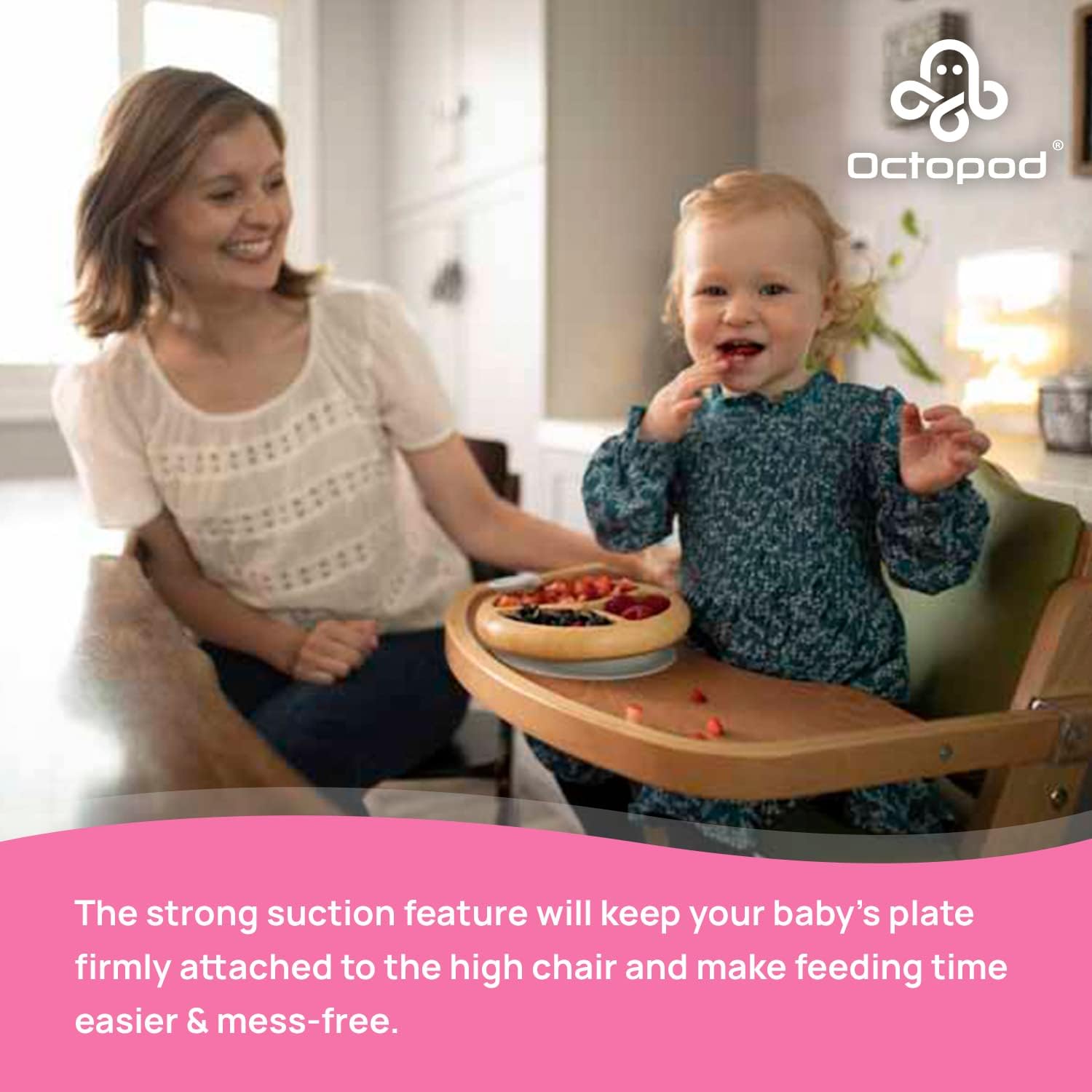 Abiie Octopod – Plato de bambú para niños de 4 meses en adelante, platos para bebés de 3 compartimentos con succión, plato triangular de bambú para