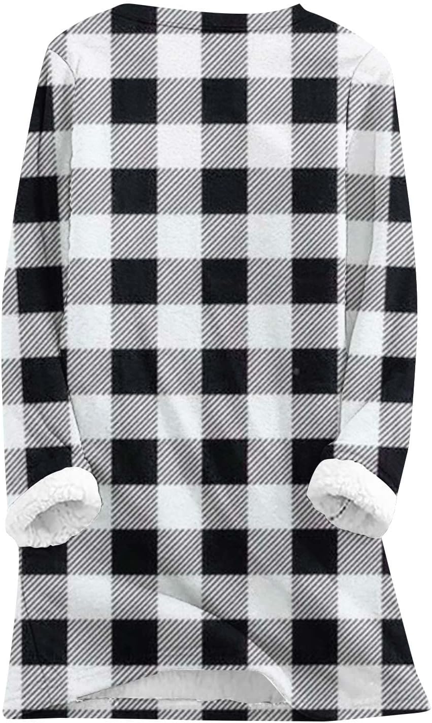 SHOPESSA Thermal Lined Sweatshirt Women Fuzzy Plaid Sweater Comfy Lounge T Shirt Sherpa Lined Sweatshirt Plus Size