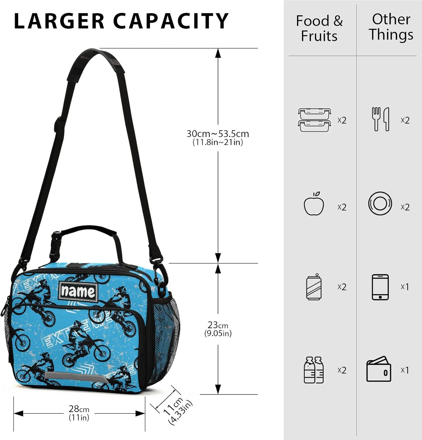 Bolsa de almuerzo azul personalizada para vehículos deportivos de motocross, para niños, niñas, niños, bolsas de almuerzo personalizadas con tu