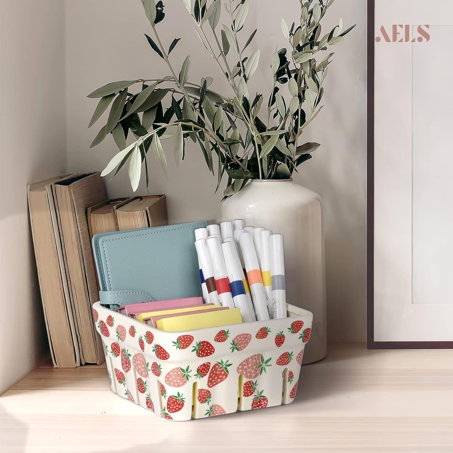 AELS Cesta de cerámica de bayas, recipiente de 5.9 pulgadas para frutas y verduras, cuenco de frutas de granja, decoración de fresa, mercado de