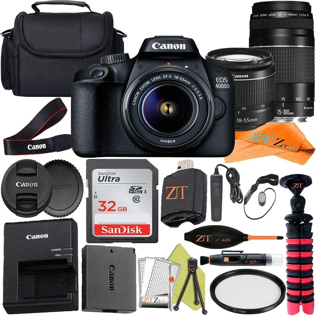 Canon Cámara DSLR EOS 4000D (Rebel T100) de 0.709-2.165 in y lente dual de 2.953-11.811 in + paquete de accesorios ZeeTech con tarjeta de memoria