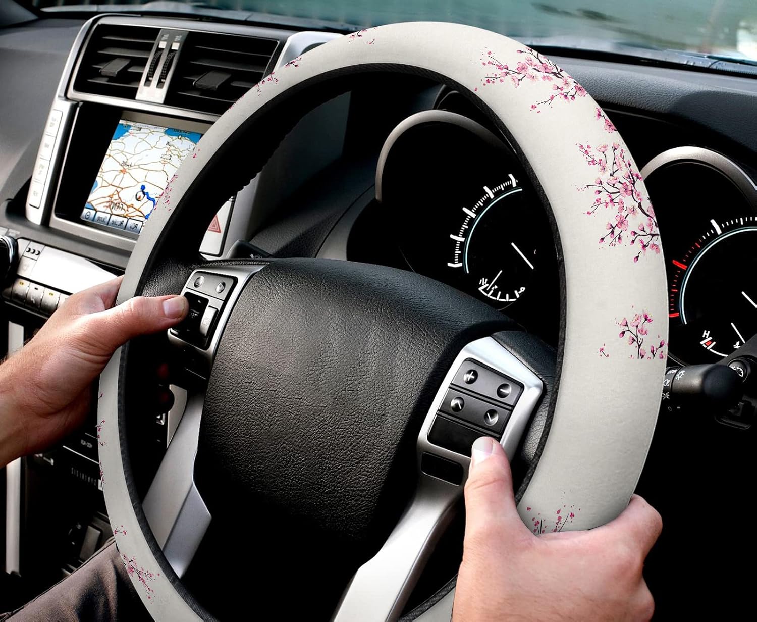 Funda para volante de automóvil, diseño de flores de cerezo japonés, esponja elástica elástica para volantes, funda protectora para vehículos,