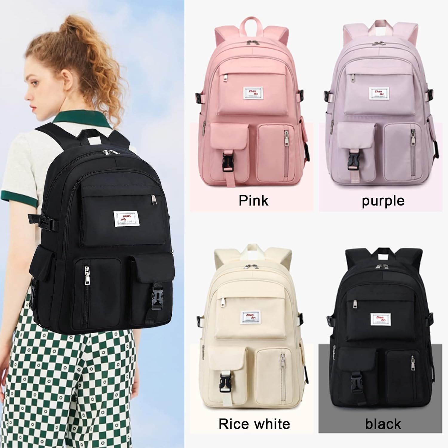 BEULPTN Mochila escolar para niñas, bonita mochila para la escuela y adolescentes, mochila de viaje impermeable para la escuela secundaria, A-Negro,