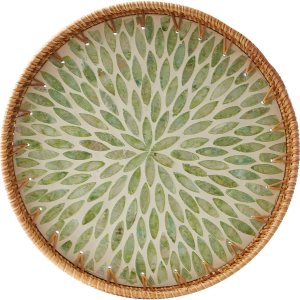 Round Rattan Tray with Mother of Pearl Inlay, Rattan Serving Tray with Wooden Base, Decorative Wicker Basket for Table Decor, Storage and Display of Round Rattan Tray with Mother of Pearl Inlay, Rattan Serving Tray with Wooden Base, Decorative Wicker Basket for Table Decor, Storage and Display of