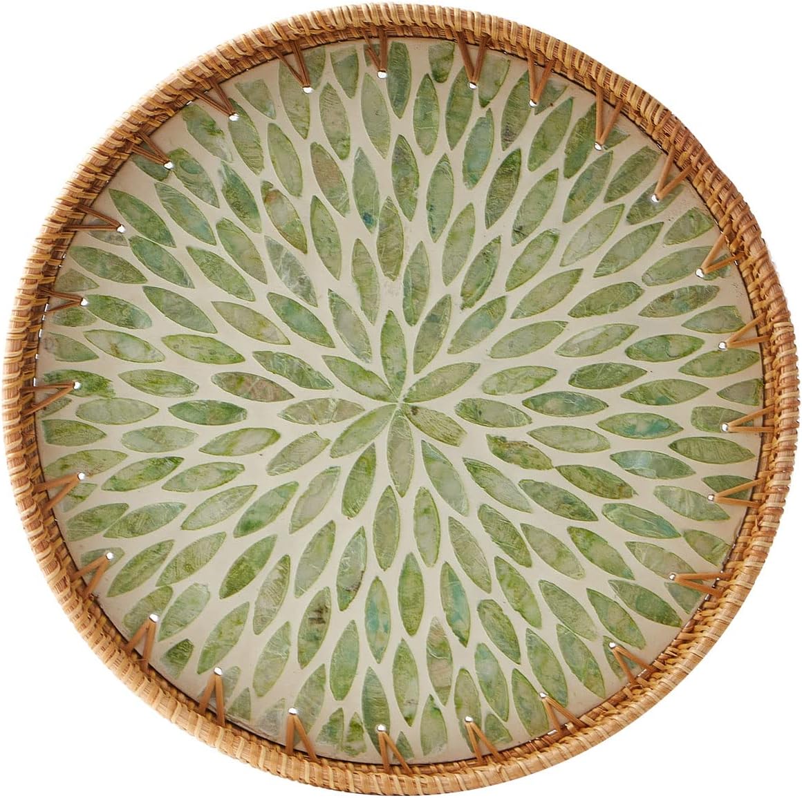 Round Rattan Tray with Mother of Pearl Inlay, Rattan Serving Tray with Wooden Base, Decorative Wicker Basket for Table Decor, Storage and Display of