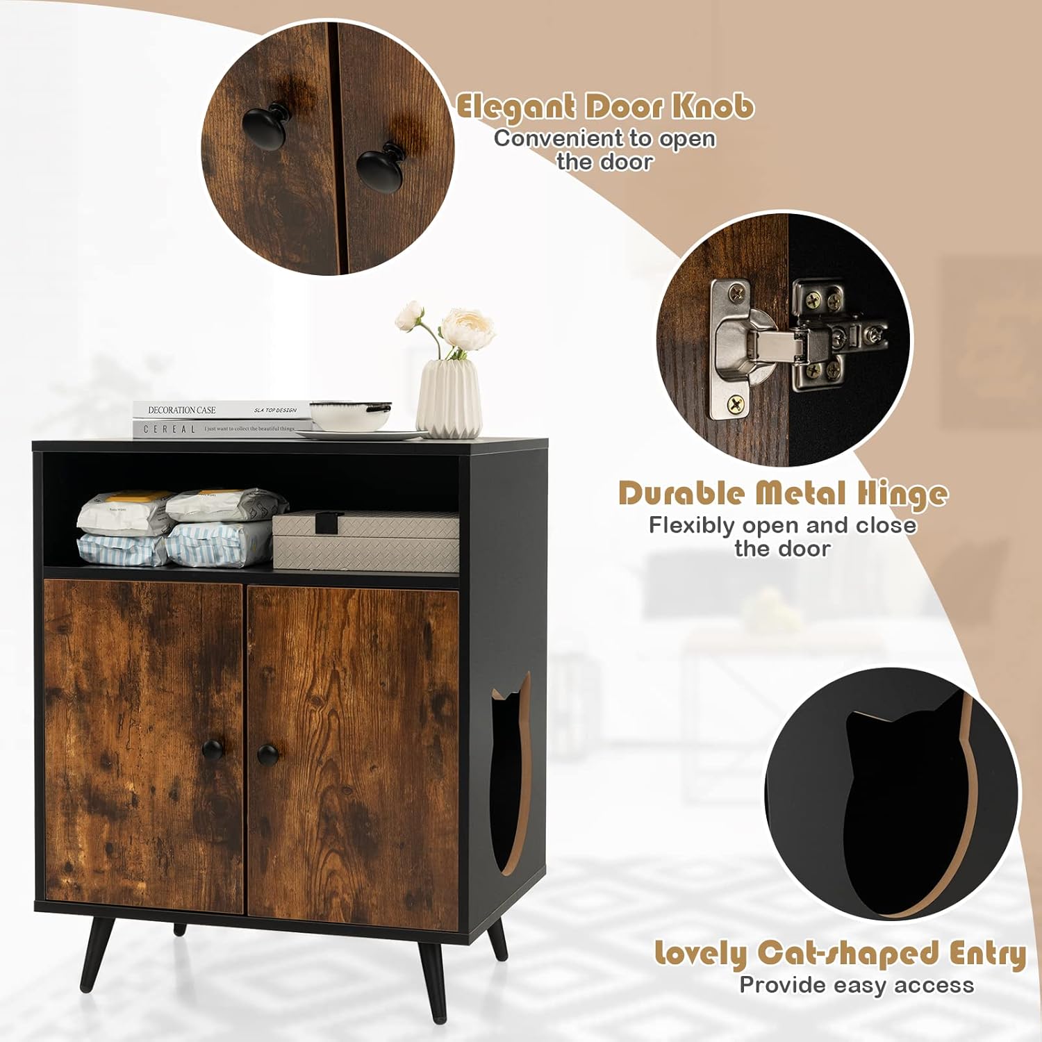 PETSITE Caja de arena para gatos, caja de arena cerrada de madera con estantes, caja de arena oculta mesa auxiliar para muebles