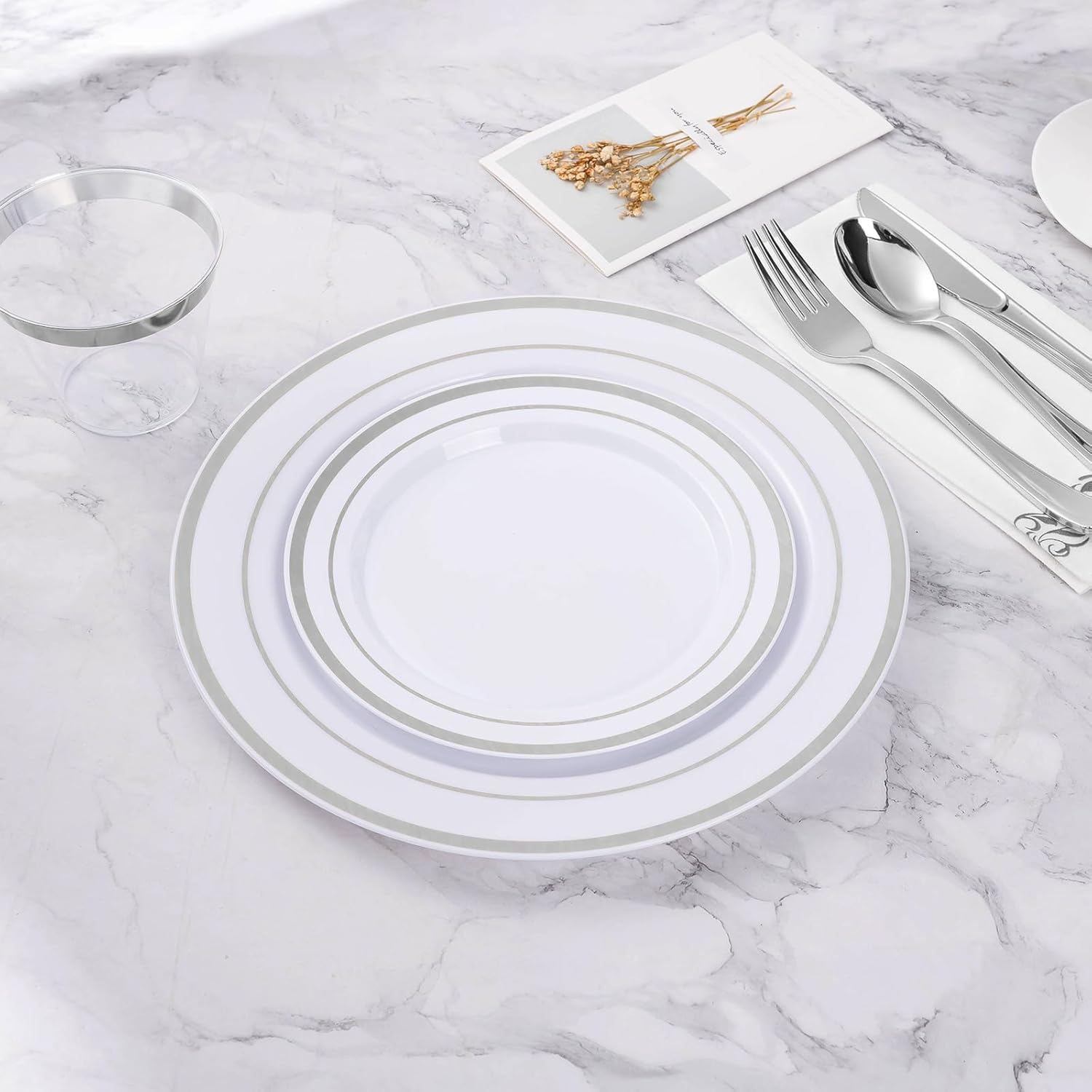 100 platos de plástico plateado, platos desechables de 10.25 pulgadas para fiesta con borde plateado, platos de plástico desechables resistentes
