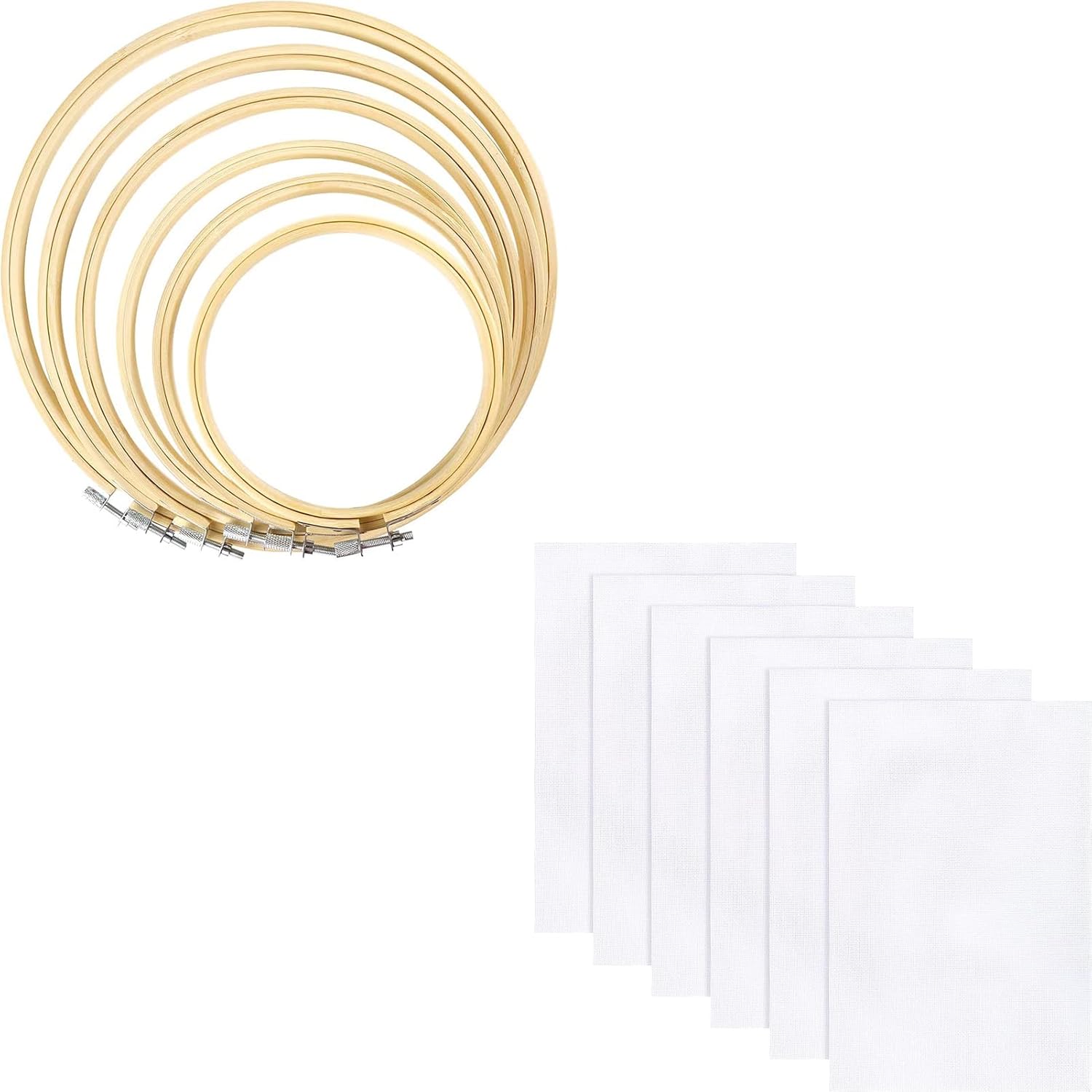 Caydo Juego de 6 aros de bordado de bambú con 6 piezas de tela Aida, 14 unidades, tela de punto de cruz blanca para bordado y punto de cruz