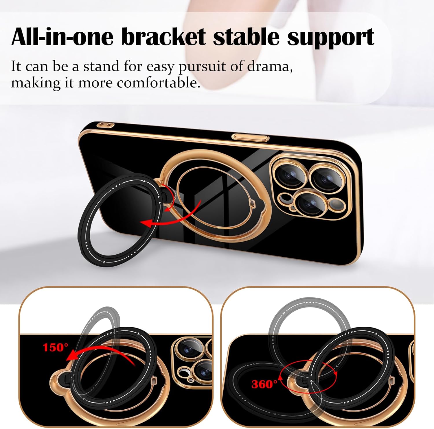 Newseego Funda para iPhone 14 Pro Max, funda de lujo con borde chapado con soporte magnético giratorio de 360 invisible para mujeres, niñas y