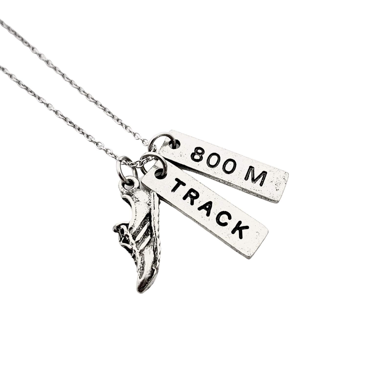 Pewter RUN TRACK 800M Necklace – Pewter Running Shoe Charm, Pewter TRACK Pendant and Pewter 800M Pendant on 18 inch Stainless Steel Cable Chain –