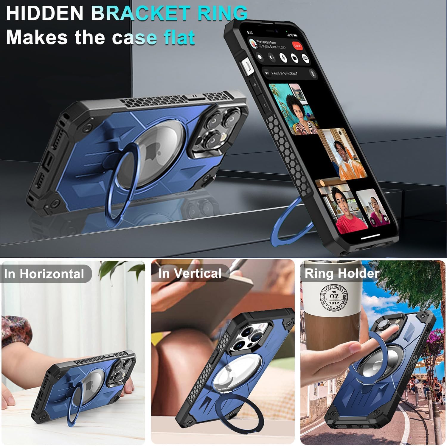 Funda MagSafe compatible con iPhone 14 Pro Max, soporte magnético plegable invisible, con anillo magnético, brillante de doble capa para iPhone 14