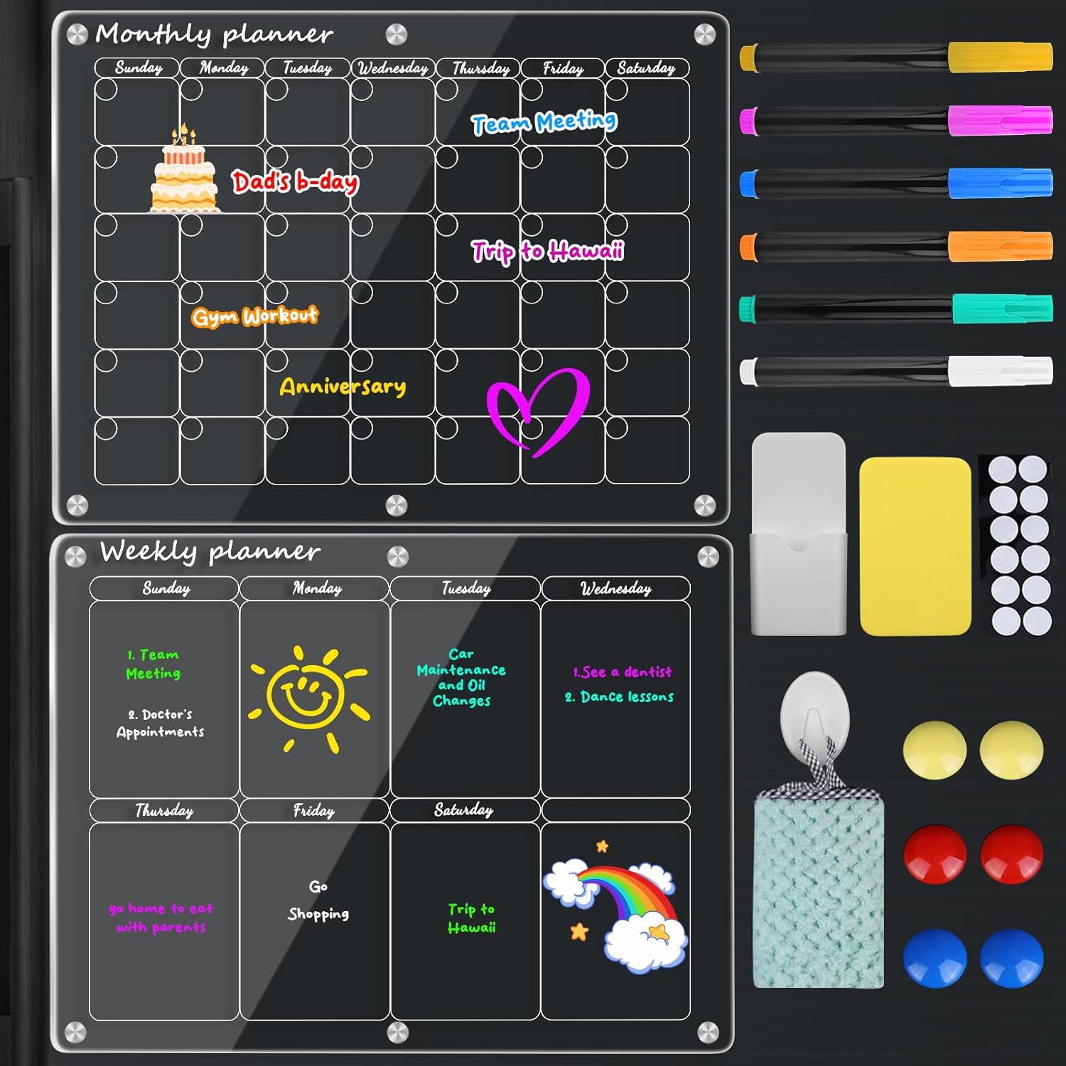 CSIHOP Calendario acrílico para refrigerador H2.0, calendario magnético transparente para nevera, 2 piezas, calendario reutilizable para