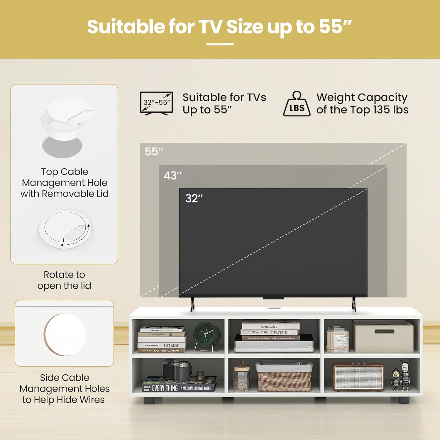 Tangkula Soporte de TV blanco para TV de hasta 55 pulgadas, mesa consola de TV con 6 cubículos, estantes ajustables en 5 posiciones, centro de