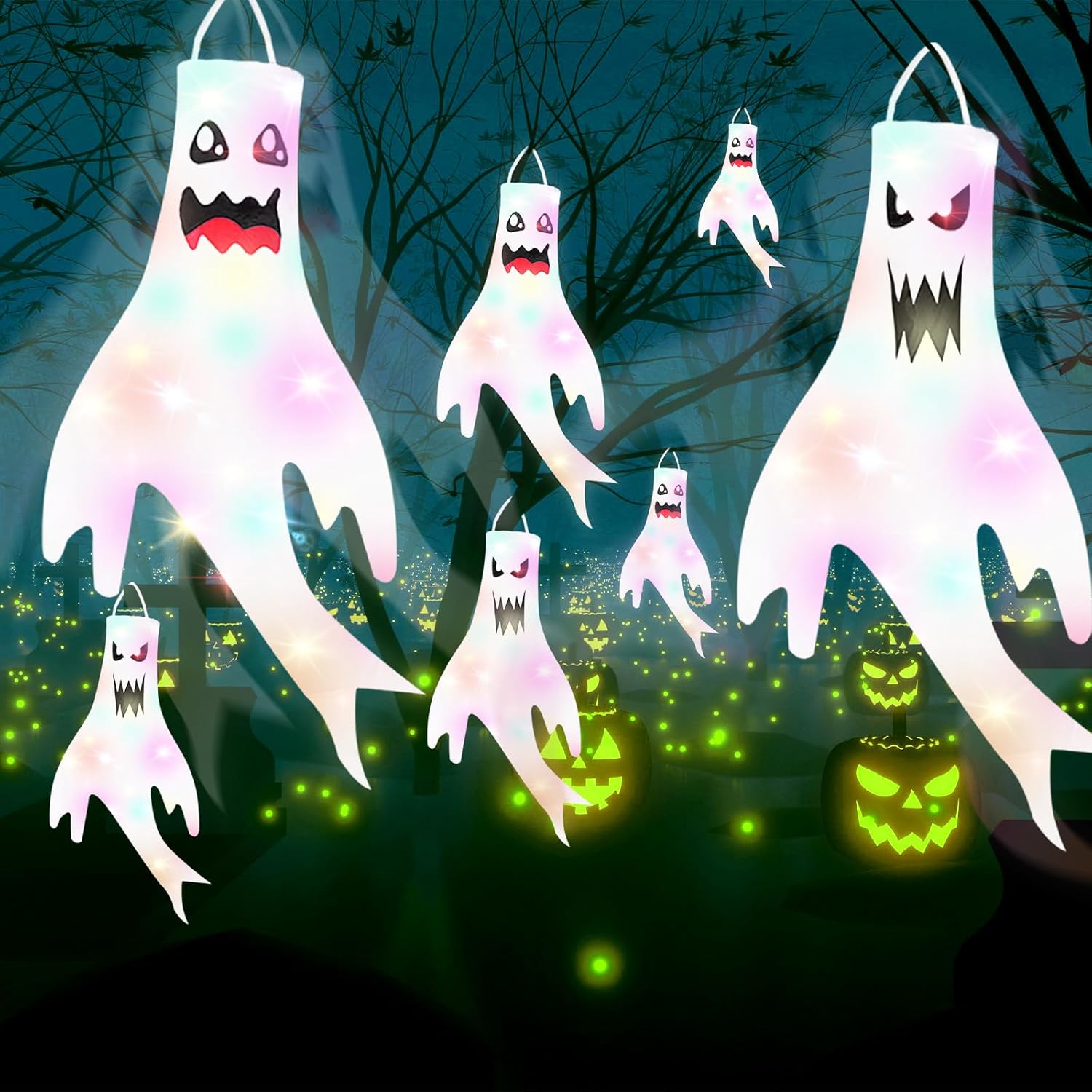 Dokeawo 2 piezas de decoración de Halloween, calcetines de viento fantasma de 47 pulgadas, decoración de Halloween colgante con luz LED para