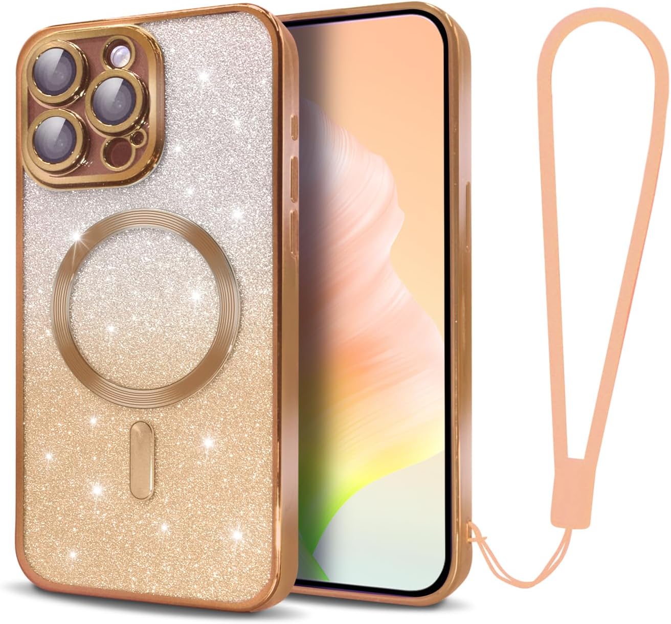 TURYXIA Funda magnética con purpurina para iPhone 15 Pro Max compatible con MagSafe, con protector de lente de cámara y correa de cordón, bonita