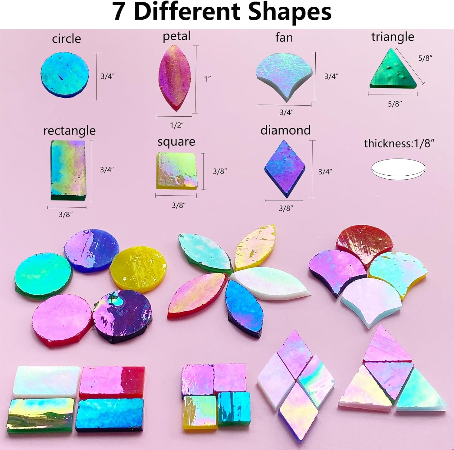 Azulejos de mosaico de vidrio iridiscente de 7 formas para manualidades, piezas de vidrio de mosaico de 9.88 oz para decoración del hogar,