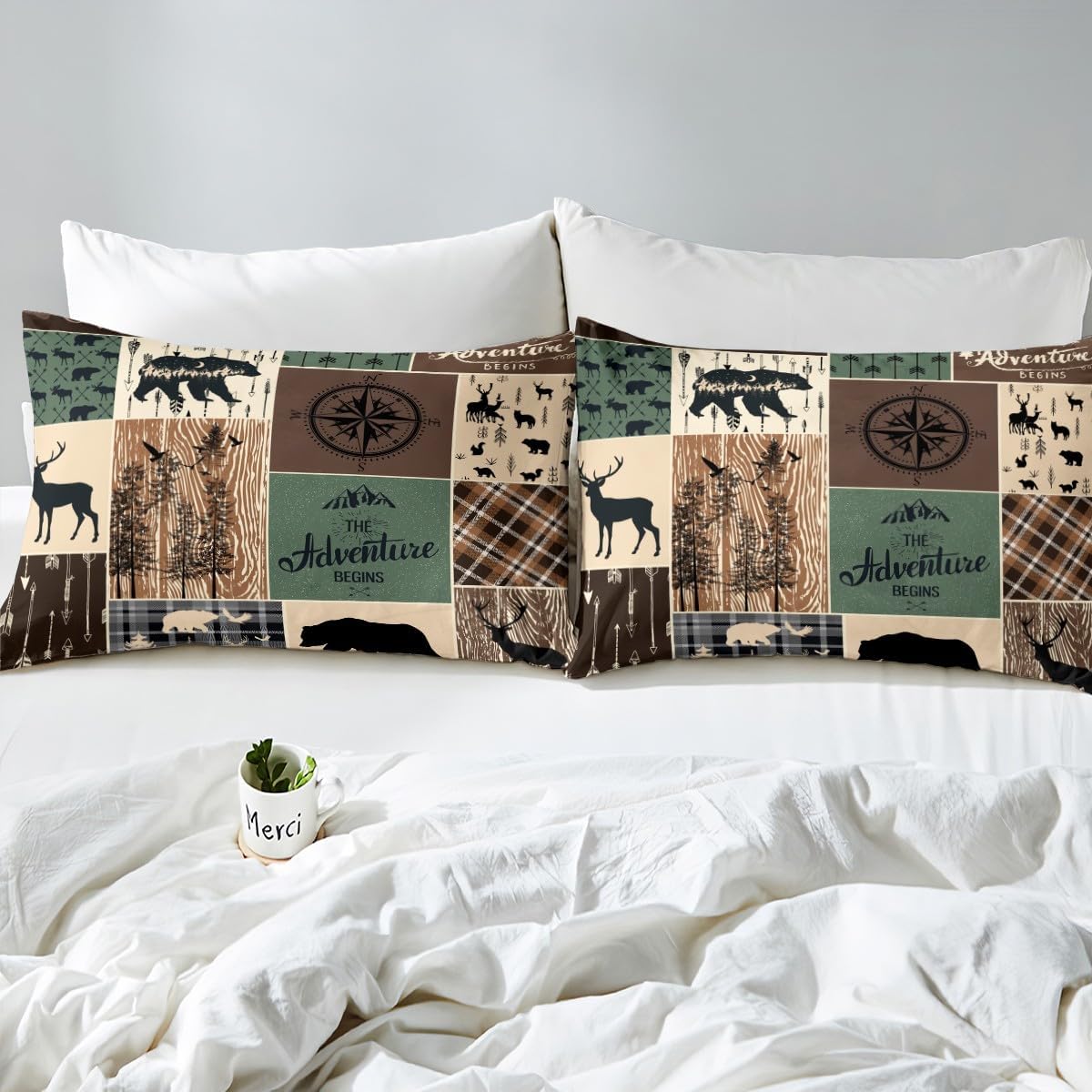 Juego de edredón de oso de caza, ciervo, juego de ropa de cama a cuadros tamaño King, edredón rústico de retazos de cabaña para niños, adolescentes,