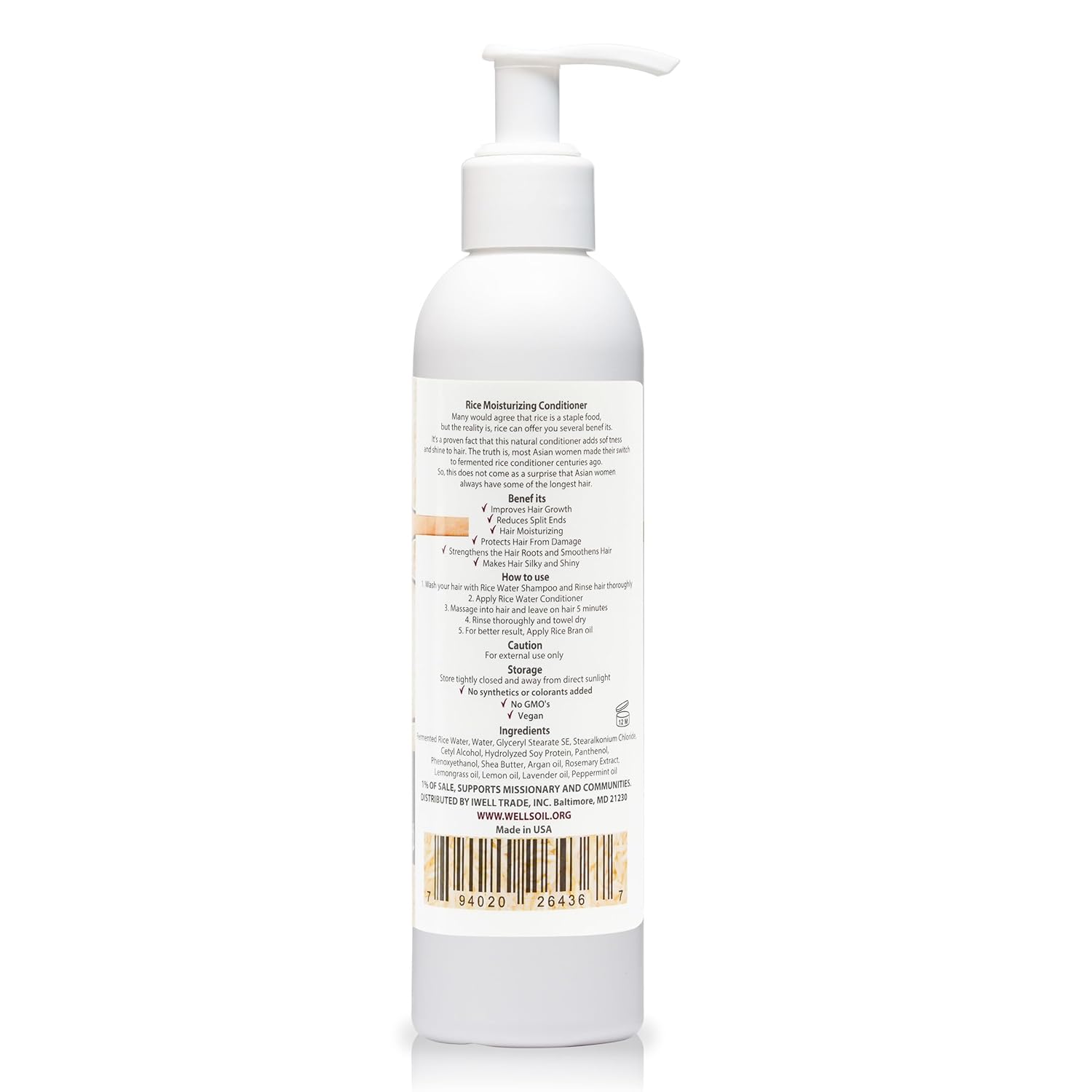Well’s – Acondicionador de agua de arroz fermentado para el crecimiento del cabello, lleno de manteca de karité, argán, romero, citronela, lavanda,
