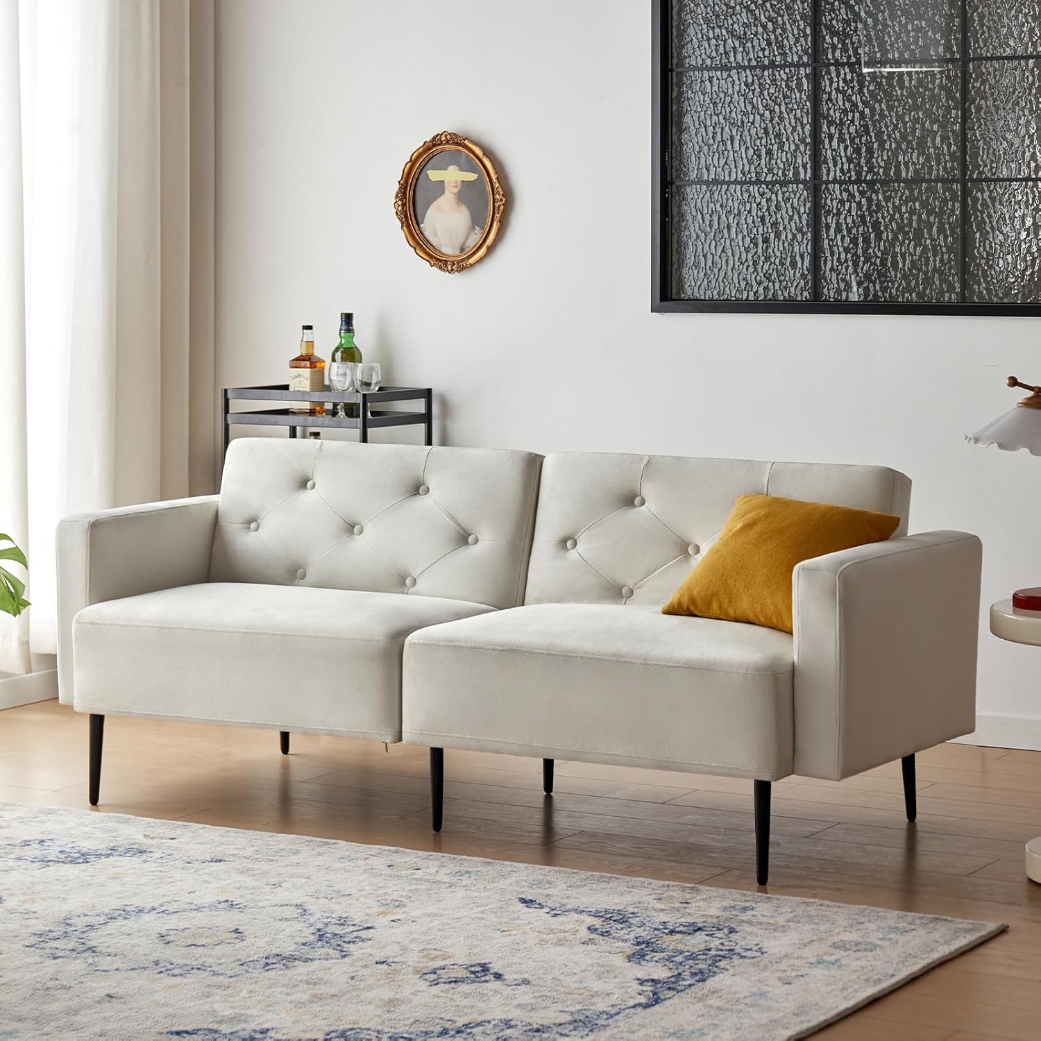 Wimarsbon Sofá cama futón, sofá cama convertible de 74 pulgadas, sofá biplaza tapizado con respaldo ajustable, brazos y patas de metal de alta