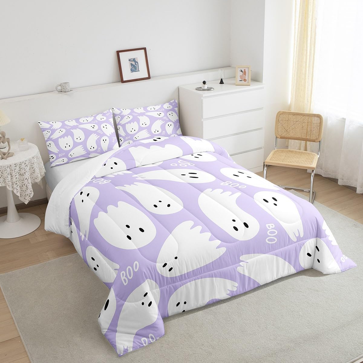 Juego de edredón para niños y niñas, estilo caricatura, color morado, tamaño matrimonial, juego de edredón de fantasmas kawaii, decoración de