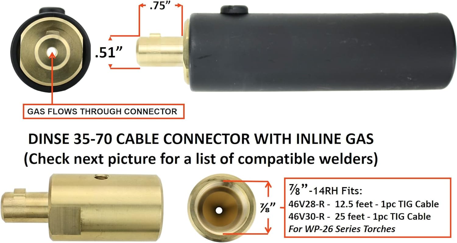 Dinse – Enchufe 35-70, gas en línea, con conexión de cable de 78 a 14 para antorchas TIG serie 26 1 PC – Modelo LDTI-26R