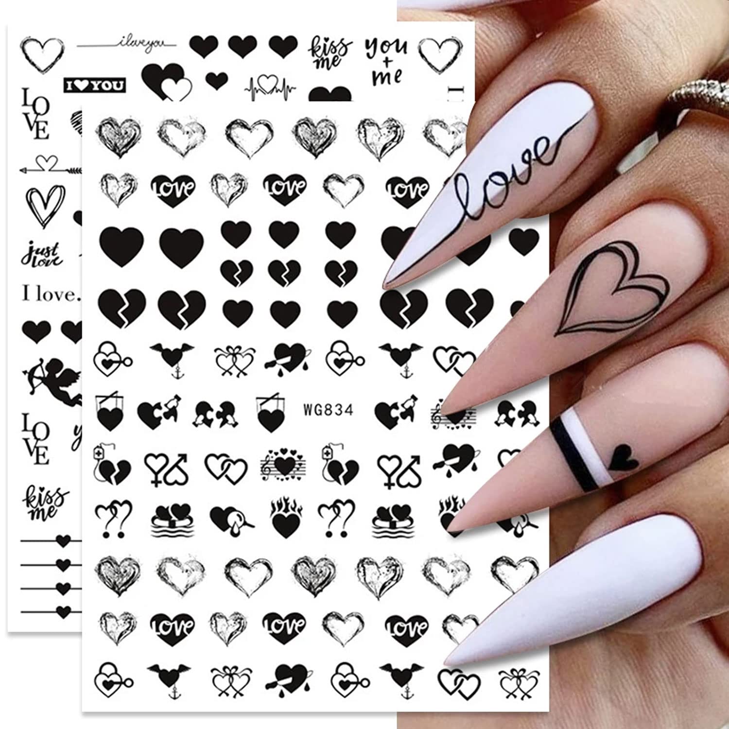 Calcomanías para decorarte las uñas con diseños de San Valentín, diseño de corazón negro y relacionados con el amor, en 3D, autoadhesivas, letras, 6