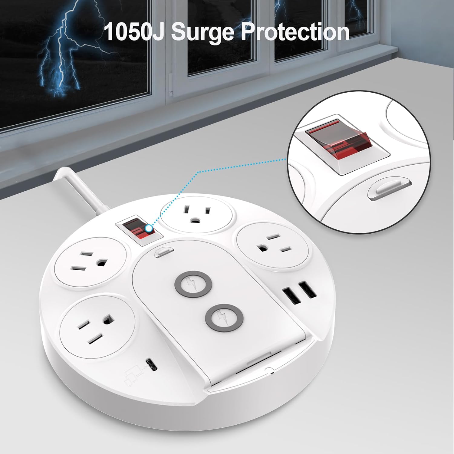 KingTSYU – Regleta protectora de sobretensiones, cable de extensión de regleta de alimentación con puertos USB C, 4 tomas de corriente y cargador