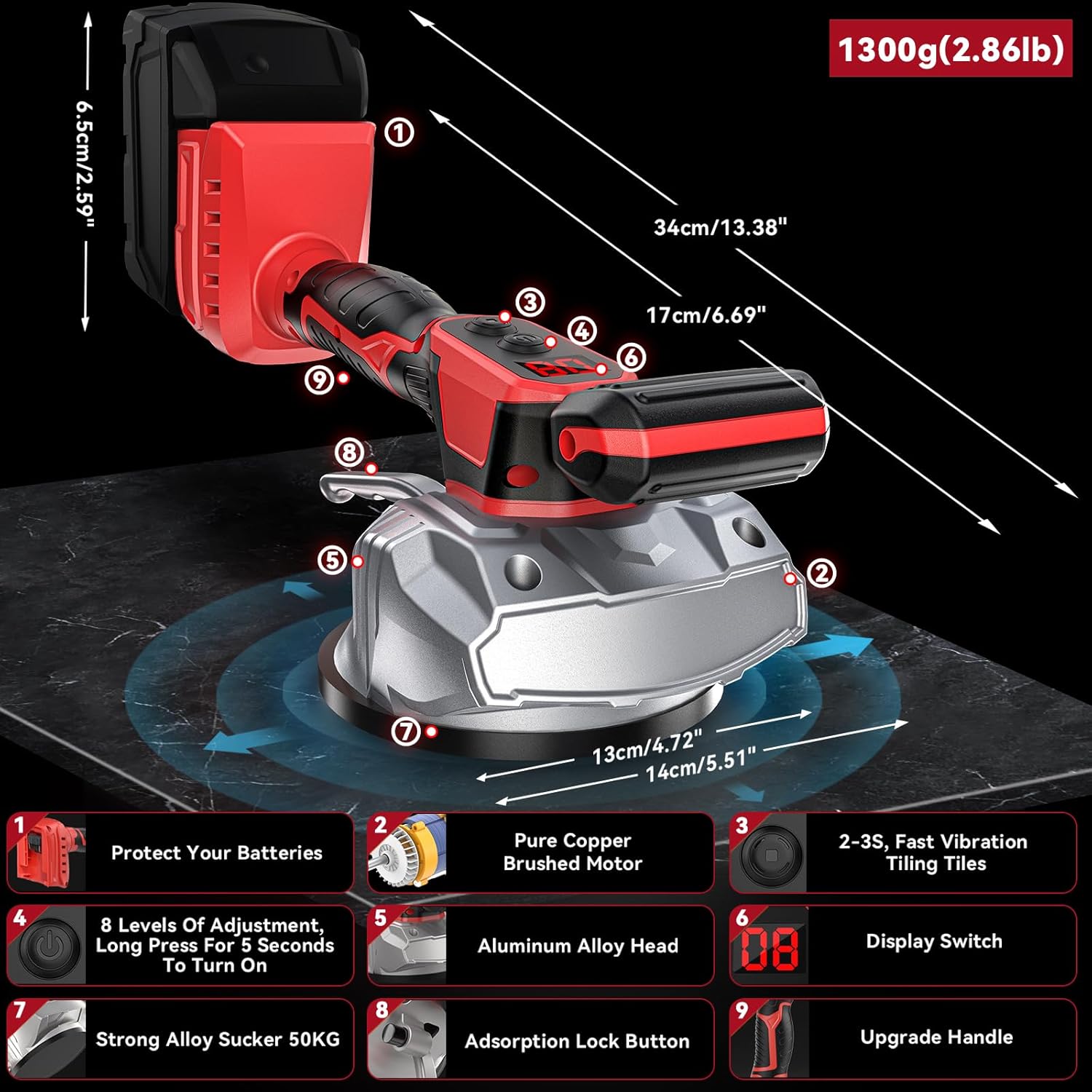Máquina niveladora inalámbrica de vibración de azulejos, para batería Milwaukee de 18 V máxima, herramienta vibradora portátil Ecarke con 8