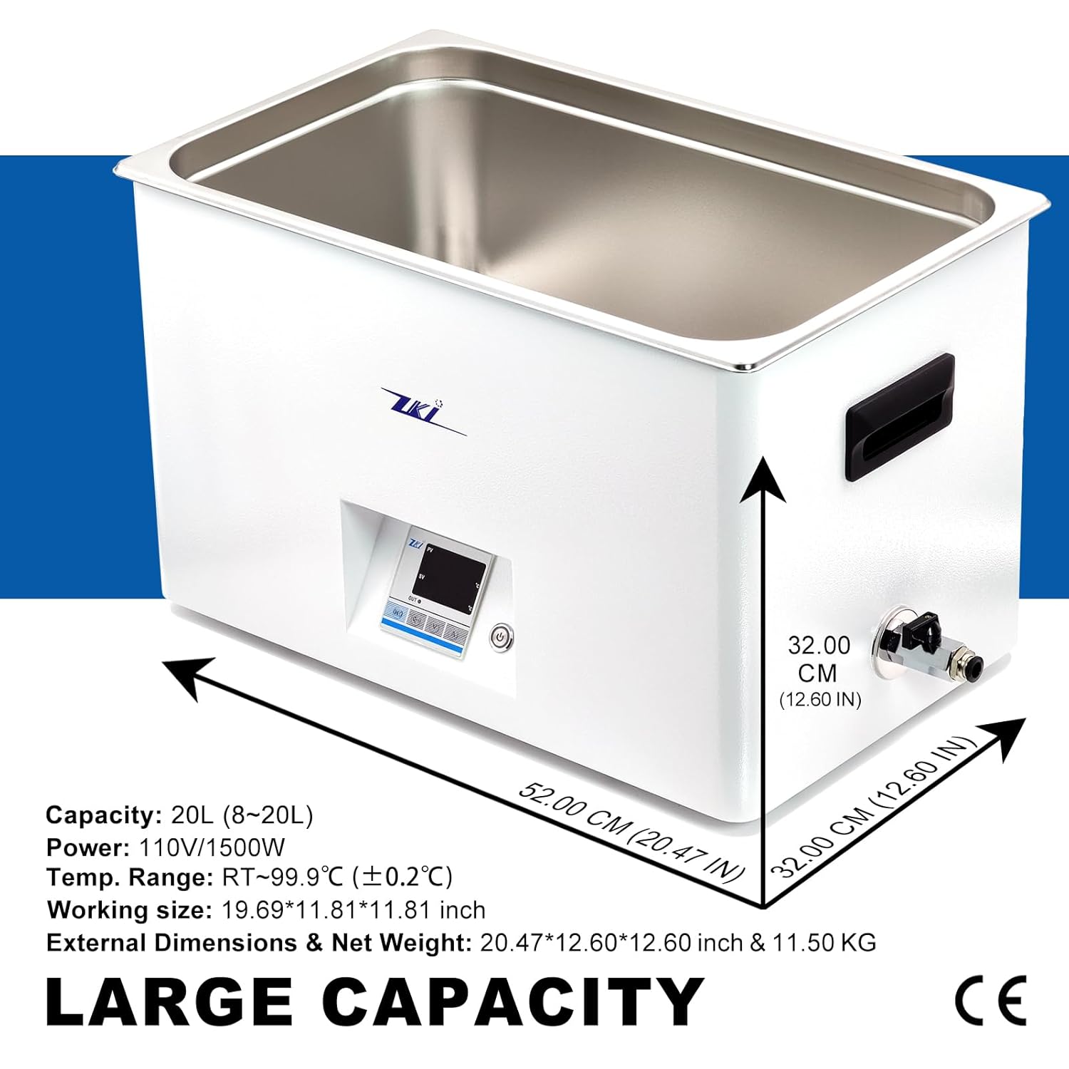Baño de agua de laboratorio digital de 20 L, 110 V1500 W, precisión de  32.4 F y resolución de 32.2 F, tanque de acero inoxidable duradero con 14