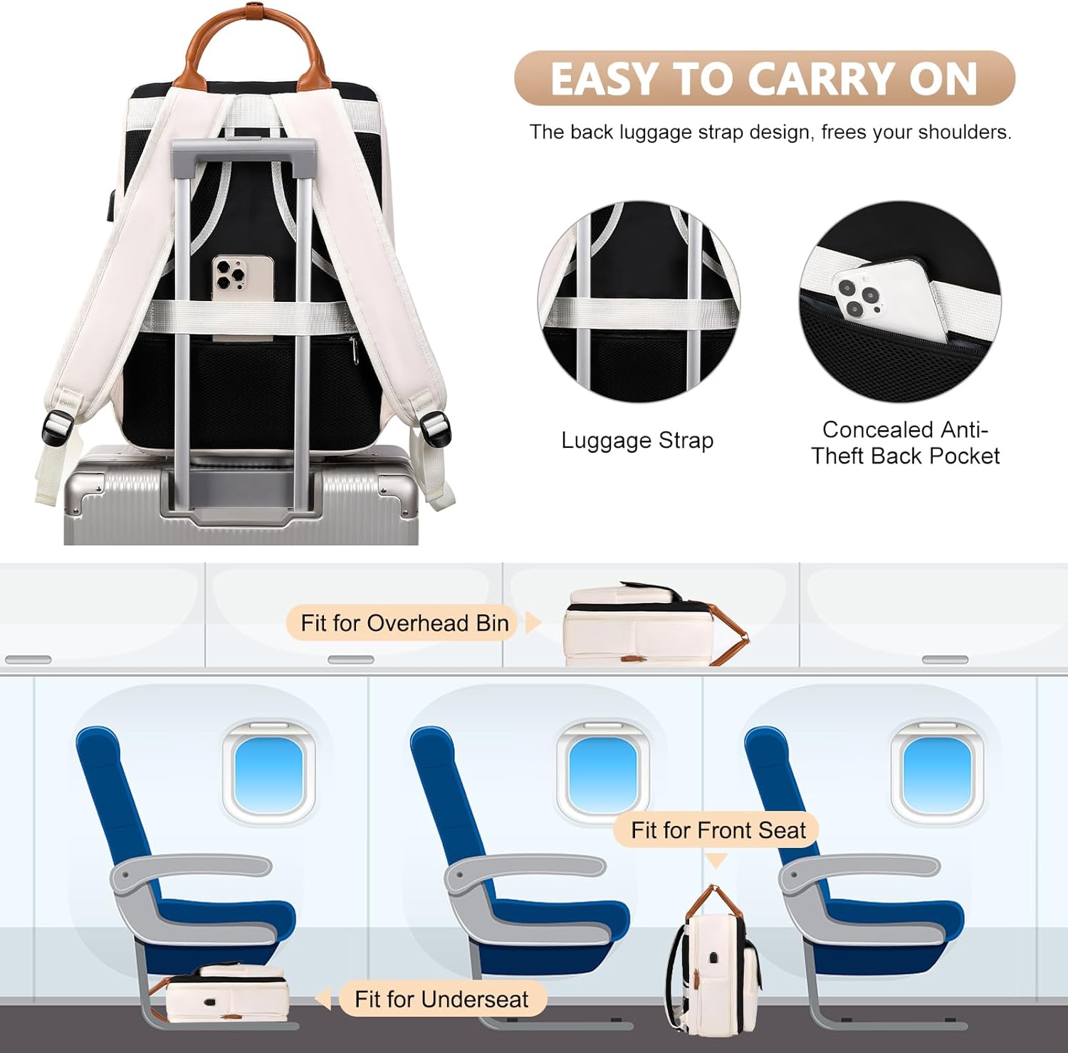 Mochila de viaje grande para mujer, 40L, mochila de equipaje personal, mochila casual, negro, beige (Black-Beige), Mochilas de viaje