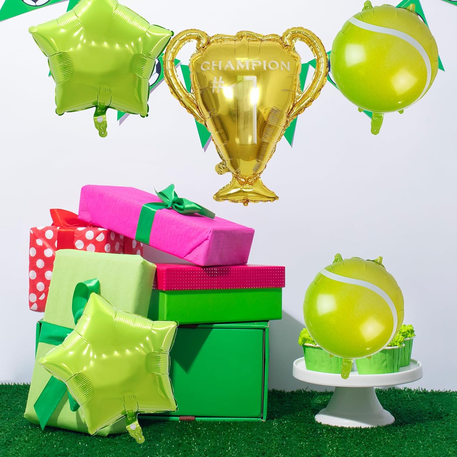 9 globos de fiesta de tenis, globos de papel de aluminio, globos de papel de aluminio de trofeo dorado, globos de estrella verde para hombres,