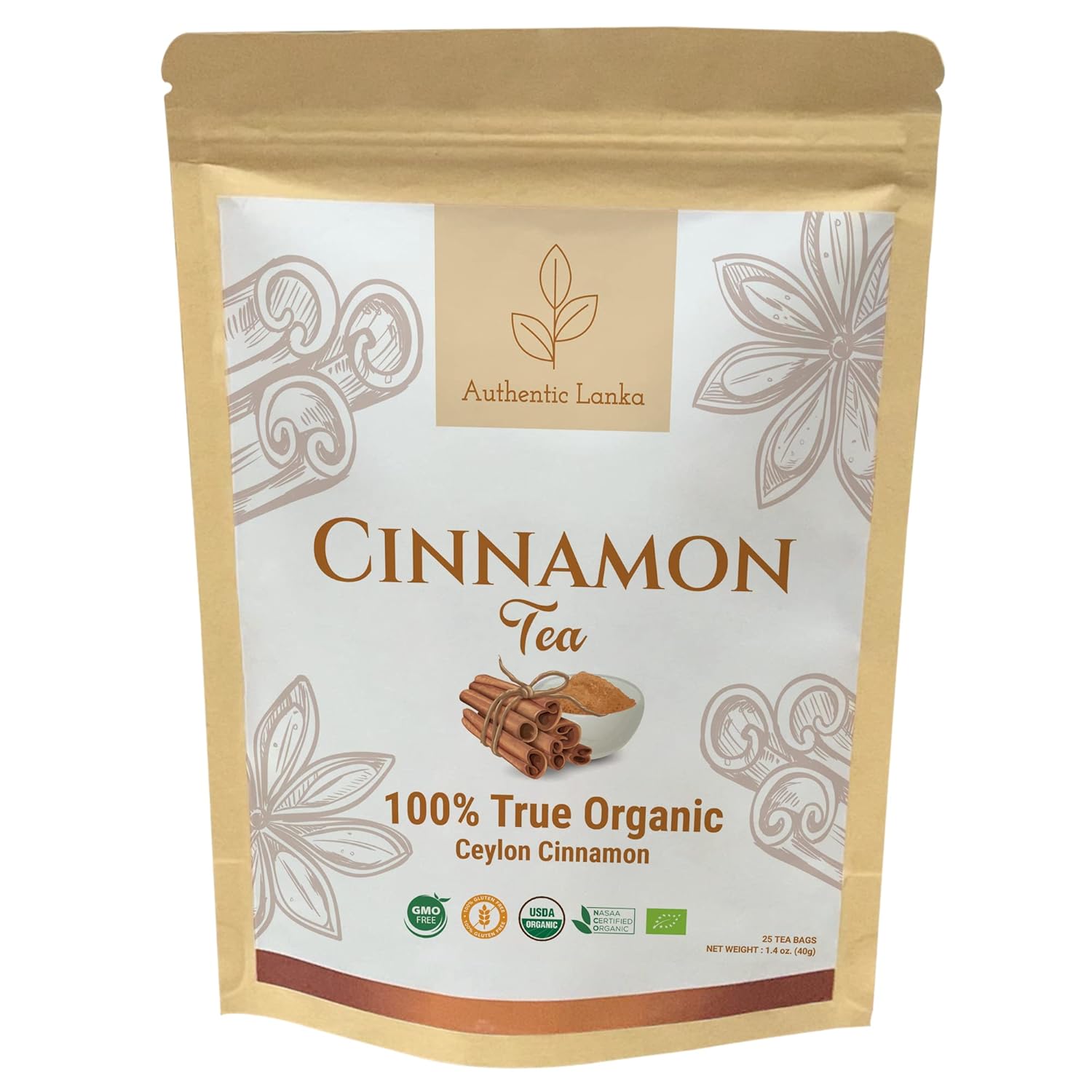 Authentic Lanka Té de canela de Ceilán, té de especias de hierbas, bebida orgánica de canela, paquete de 25 bolsas de té de canela auténtica de Sri