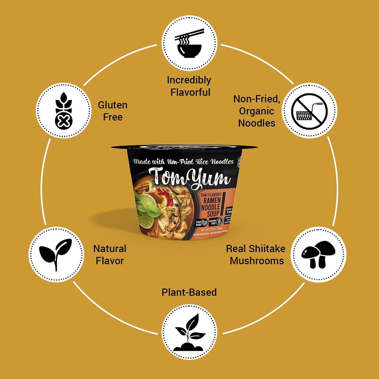 Ma’s Gourmet Taza de fideos estilo ramen de arroz instantáneo, sabor Thai Tom Yum, sin gluten, a base de plantas, fideos orgánicos, paquete de 6