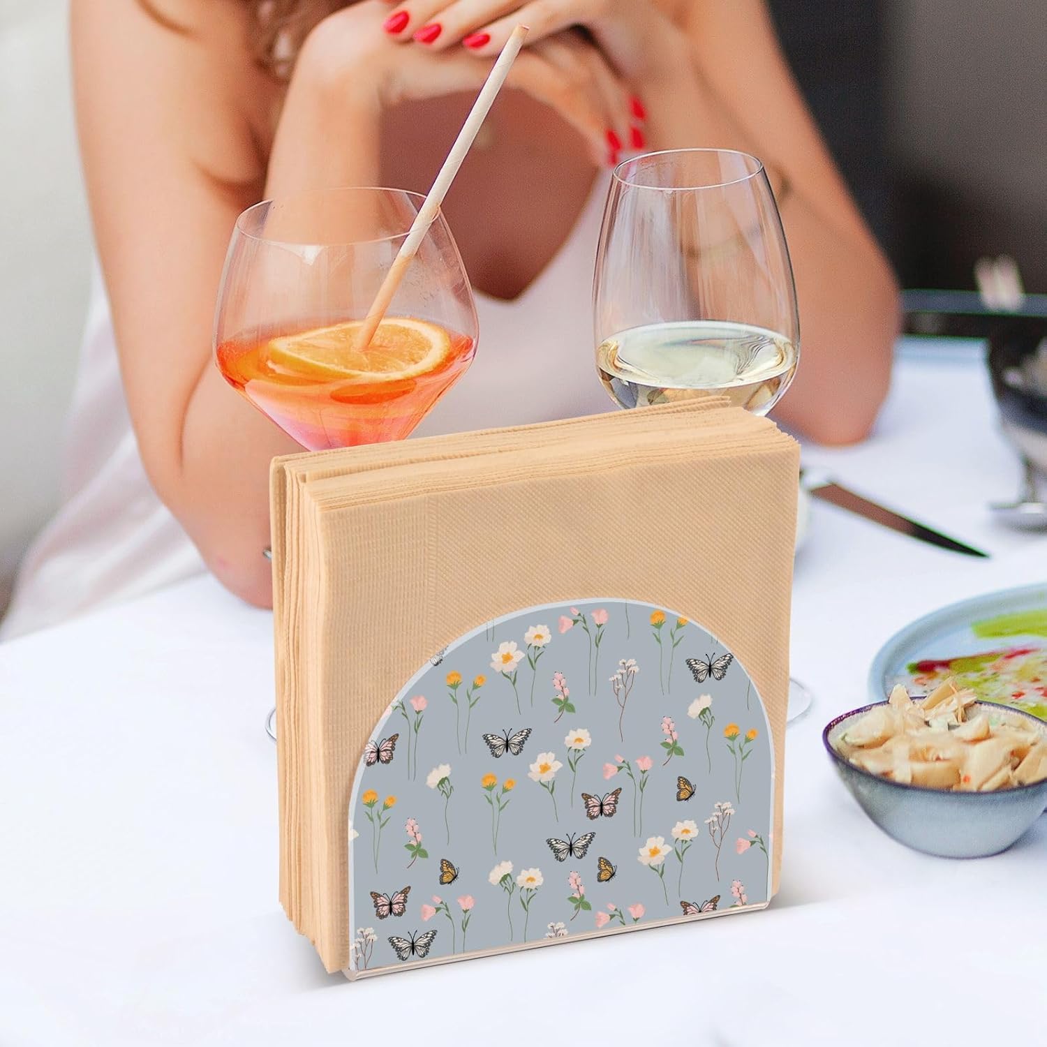 Napkin Holder Flowers Butterflies Napkin Holders for Tables, Clear Acrylic Napkin Holders Cocktail Napkin Holder for Kitchen Restaurant Bar Home