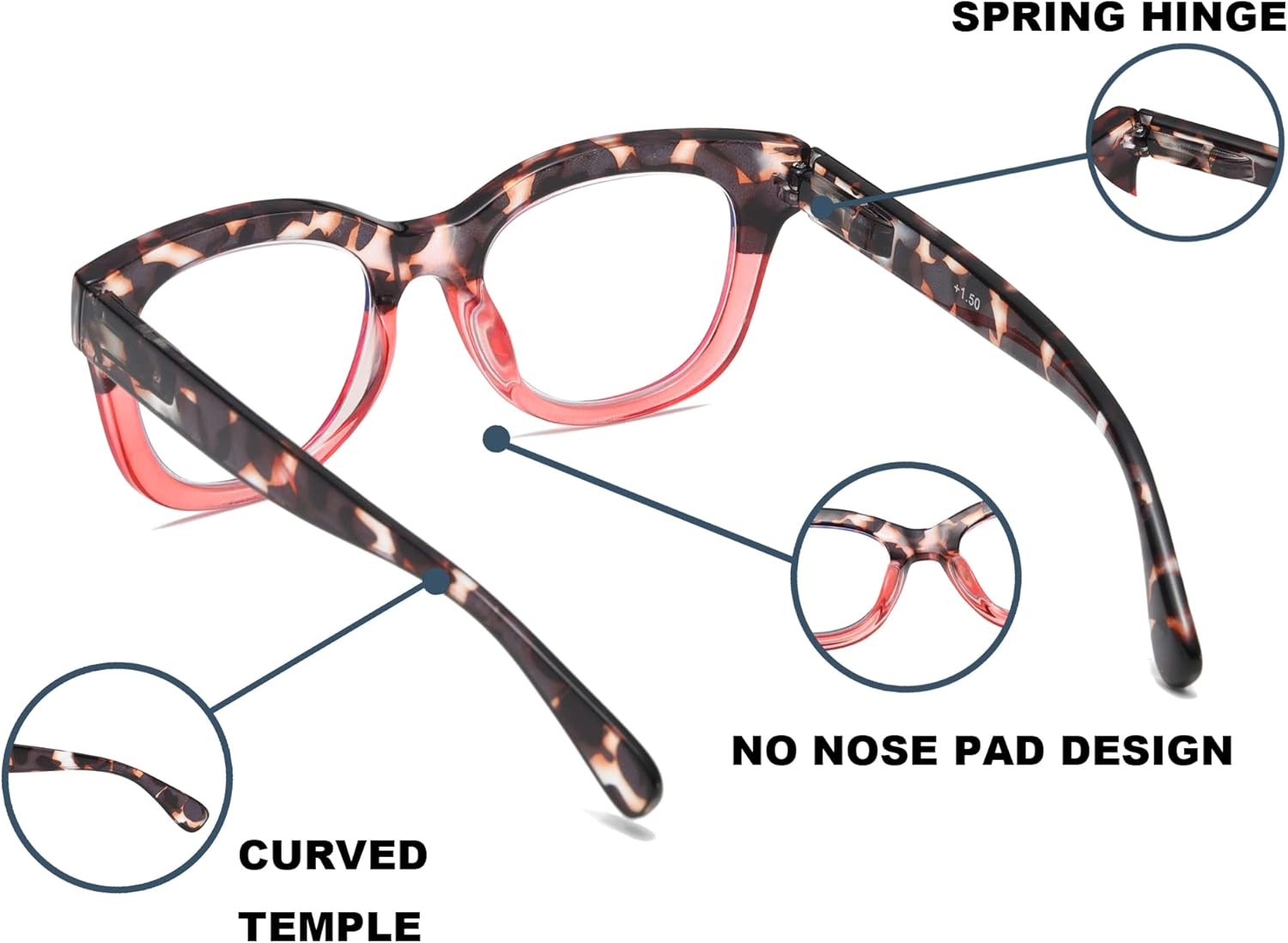 ZXYOO Gafas de lectura de gran tamaño para mujer, paquete de 3 unidades con bloqueo de luz azul, lectores de bisagra de resorte para computadora