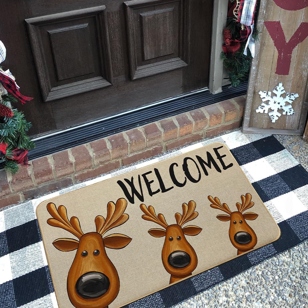 Tapete de bienvenida con ciervos de Navidad, 17 x 29 pulgadas, tapete decorativo de invierno de temporada, antideslizante y lavable, para interiores