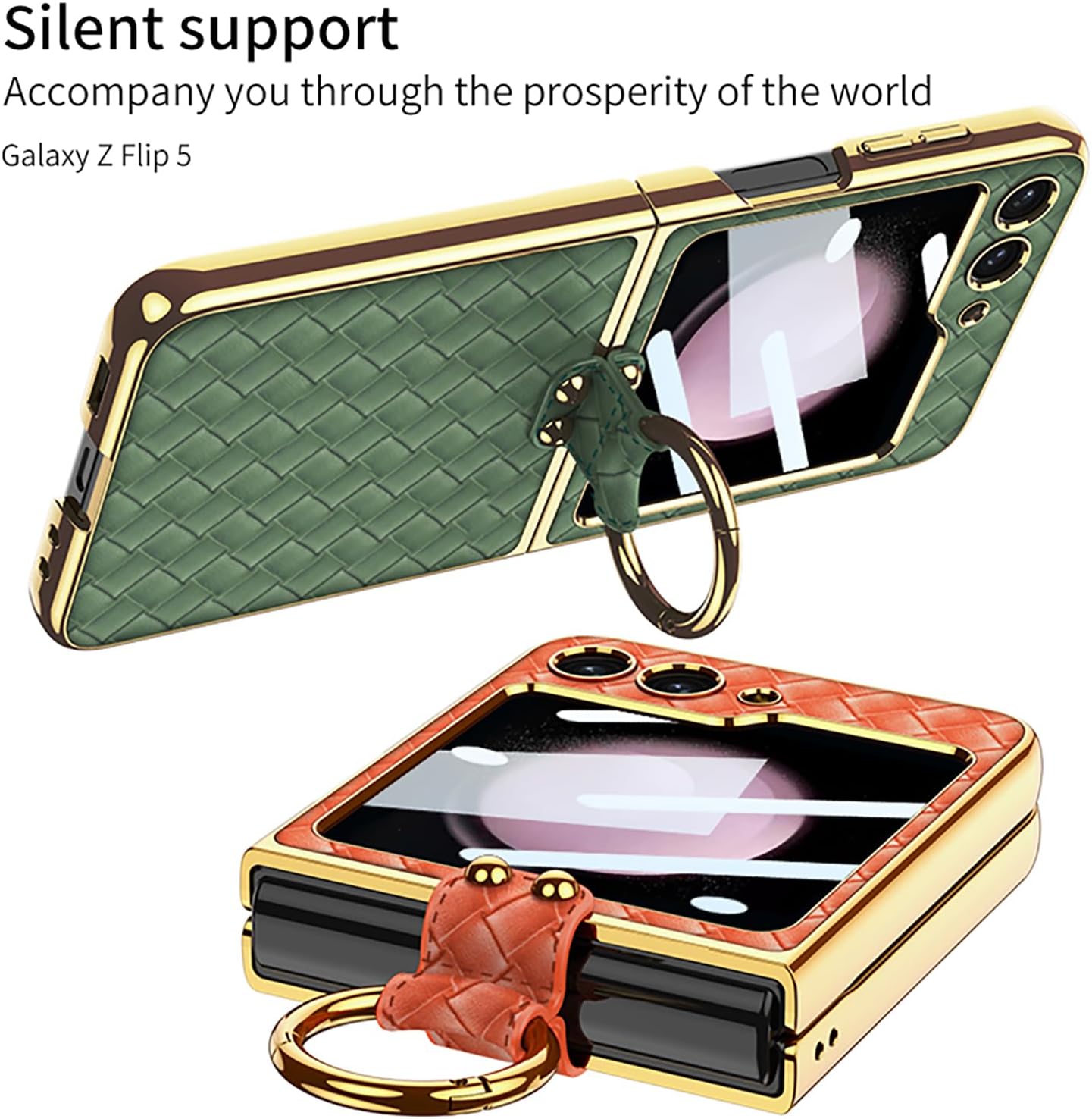 BAILI Funda para Galaxy Z Flip 5, protección completa de 360 de piel trenzada Z Flip5 con anillo, viene con protector de pantalla pequeño, diseño de