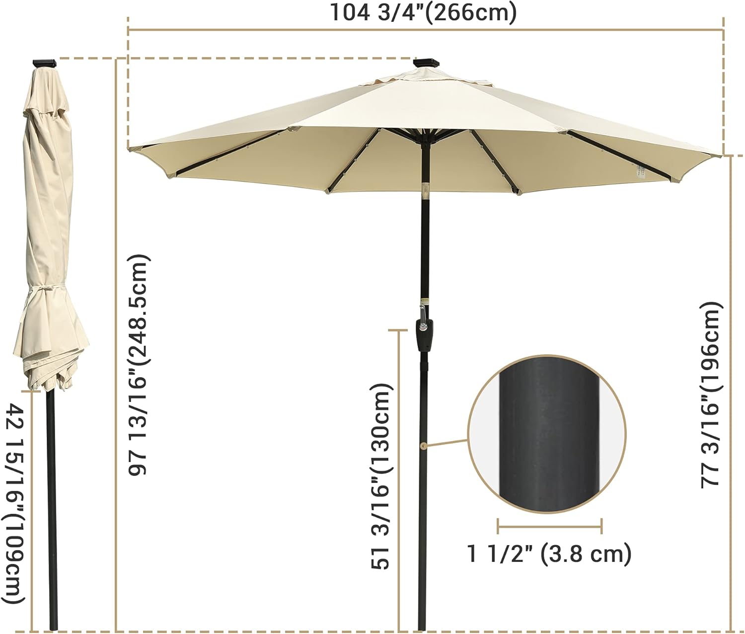 Yescom Sombrilla LED solar de 9 pies para exteriores, 8 costillas, 32 luces, para patio, jardín, mercado, con manivela inclinable, UV30+, color beige