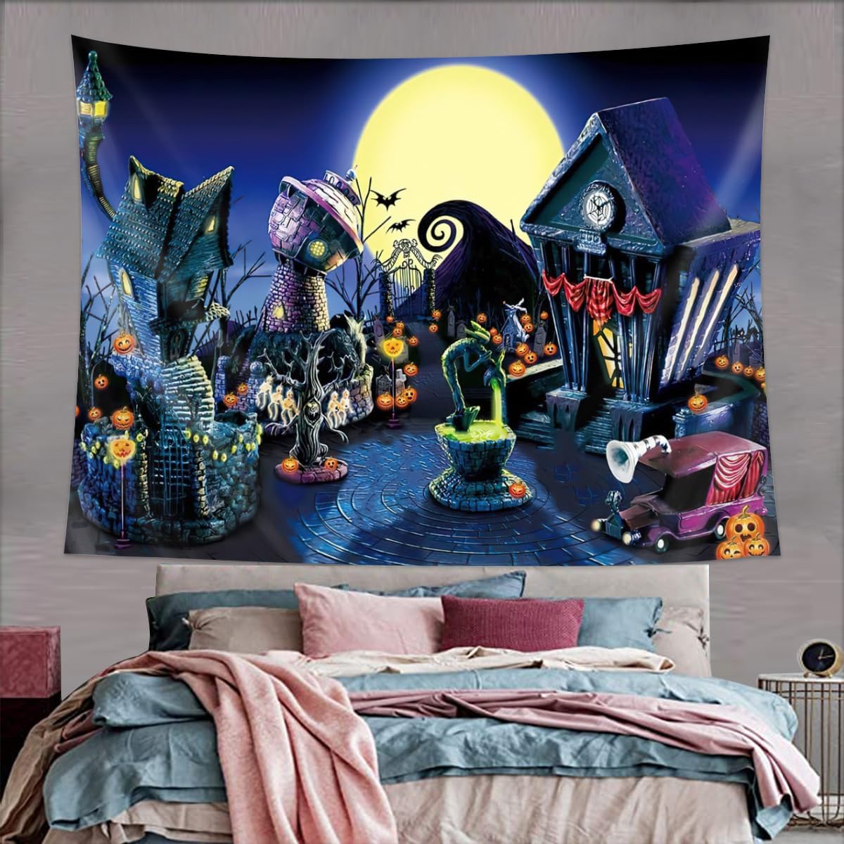 Apiawa Tapiz de luna llena, telón de fondo para fiesta temática de pesadilla, antes de Navidad, fotografía, noche y calabazas, decoración para